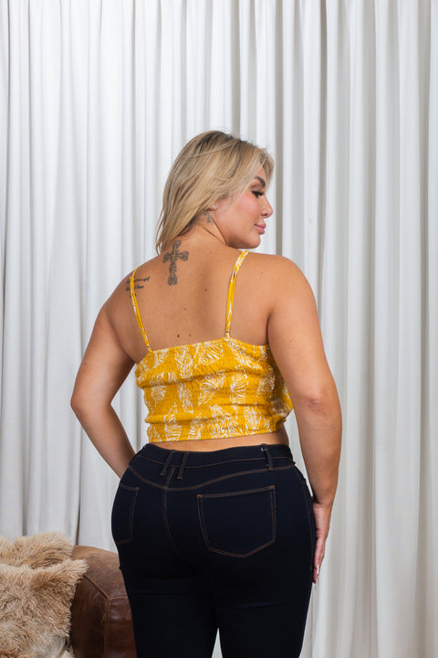 'Koa Leaves' Floral Print Plus Size Spaghetti Strap Crop Top with Tie Front (ZB11675F) - Wholesale Fashion Couture 