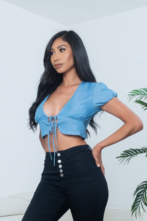 Chambray Denim Short Puff Sleeve V Neck Open Tie Front Crop Top (10020TM) - Wholesale Fashion Couture 