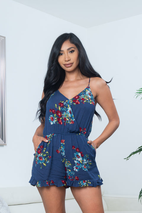 Floral Print Spaghetti Strap Surplice V Neck Mini Shorts Romper with Slant Pockets in Navy (90443) - Wholesale Fashion Couture 