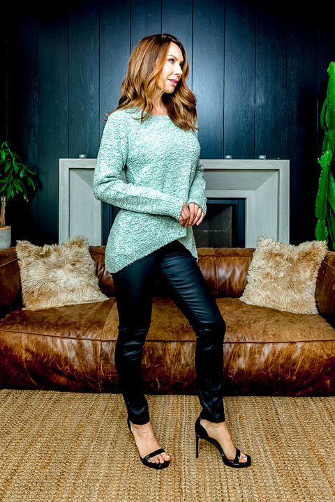 Metallic Dusted Long Sleeve Crew Neck Sweater with Ribbed Cuffs and Asymmetrical Hem and Back Vent* (TW1367) - Wholesale Fashion Couture 