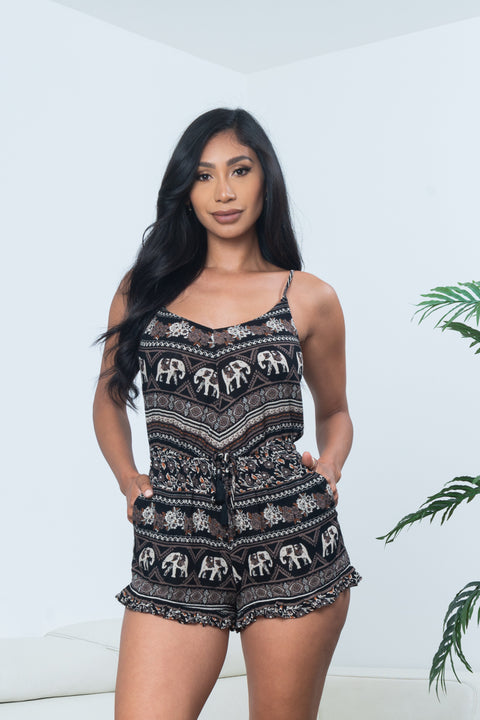 Safari Tribal Print Spaghetti Strap V Neck Mini Shorts Romper with Slant Pockets and Lettuce Hem  (90390) - Wholesale Fashion Couture 