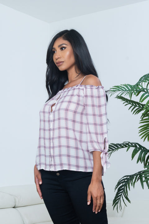 Plaid Off Shoulder 3/4 Sleeve Button Down Top with Lettuce Hem in White, Burgundy & Navy (16928) - Wholesale Fashion Couture 