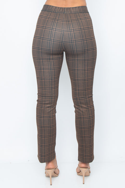 Cropped Dress Pants with Stretch Waistband in Honey Brown Plaid (PH23950) - Wholesale Fashion Couture 