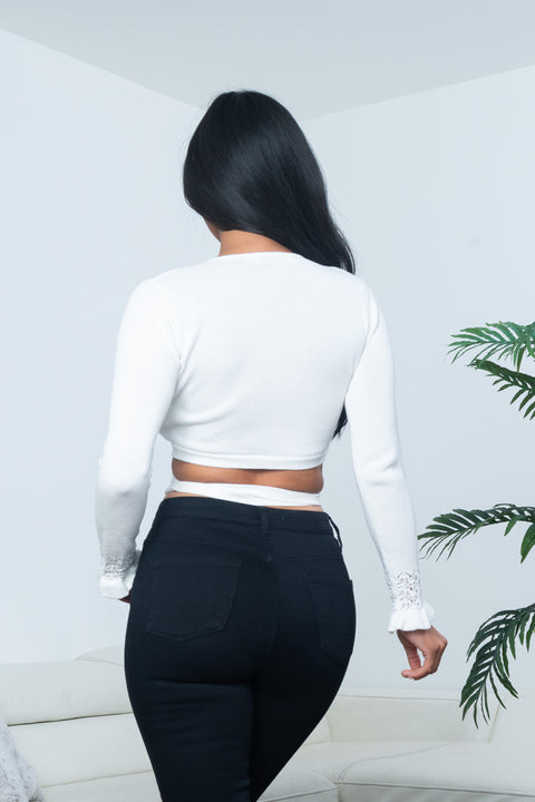 'Classy Chic' Sweater Knit Surplice Wrap Crop Top with Extended Waist Ties and Lettuce Hem Cuffed Long Sleeves in Off White (LT16628-FCI) - Wholesale Fashion Couture 