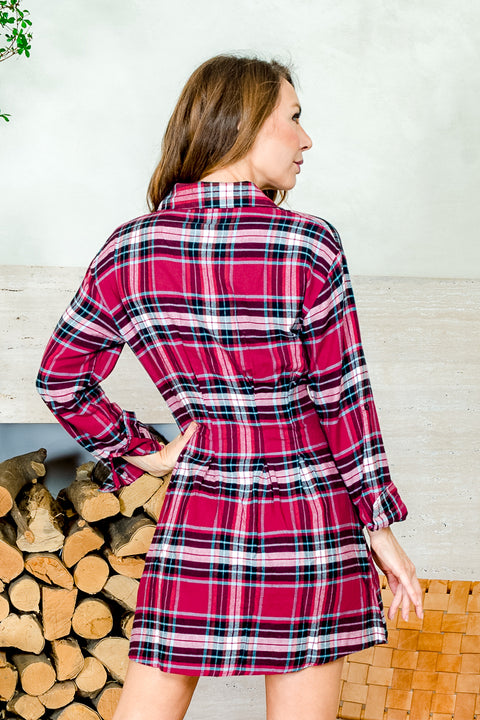 Plaid Button Down Fitted Mini Shirt Dress with Spread Collar and Tabbed Long Sleeves (4726DY) - Wholesale Fashion Couture 