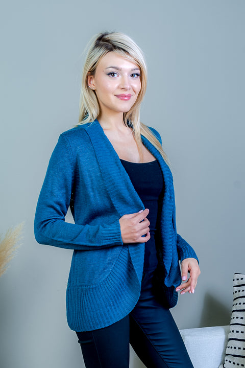 Long Sleeve Open Front Cardigan Sweater with Open Knit Back in Teal (FS171091) - Wholesale Fashion Couture 