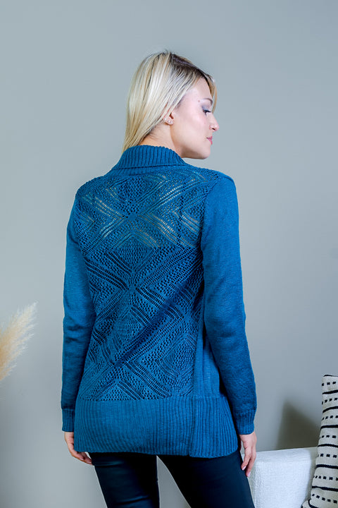 Long Sleeve Open Front Cardigan Sweater with Open Knit Back in Teal (FS171091) - Wholesale Fashion Couture 