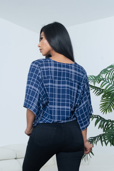Window Pane Plaid Surplice V Neck Dolman Sleeve Crop Top (KT18127) - Wholesale Fashion Couture 
