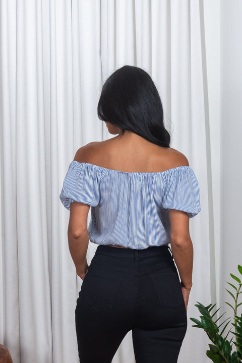 'Dukes of Hazard' Pin Striped Off Shoulder Short Puff Sleeve Crop Top with Faux Button Down Drawstring Waist in White & Blue (185676) - Wholesale Fashion Couture 