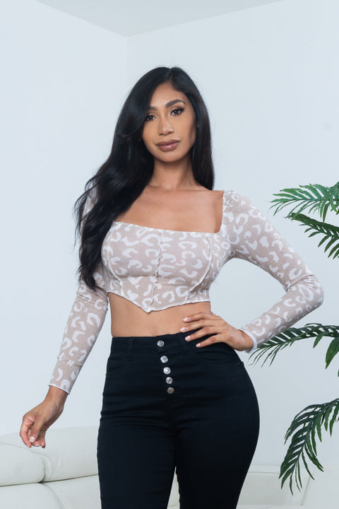 Leopard Print Long Sleeve Square Neck Asymmetrical Front Top (BT10097-1) - Wholesale Fashion Couture 