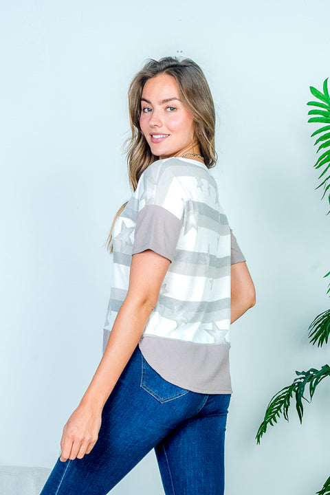 Stars & Stripes Print Drop Shoulder Short Sleeve Striped Waffle Knit Tee with V-Stitch Insert and Dolphin Hem (HT10487) - Wholesale Fashion Couture 