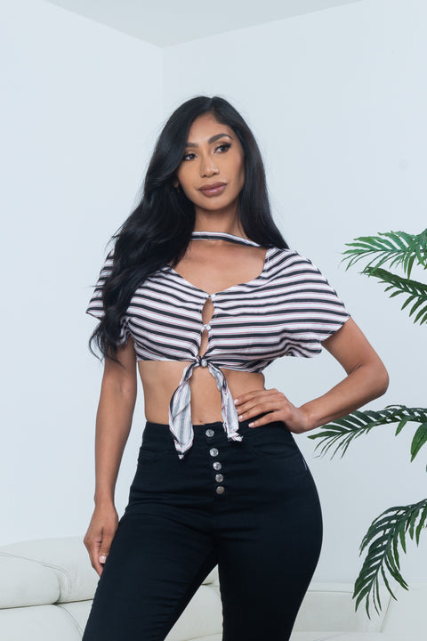 'Pin Up Doll' Striped Cap Sleeve V Neck Button and Tie Front Crop Top in White, Black & Red (N346T) - Wholesale Fashion Couture 