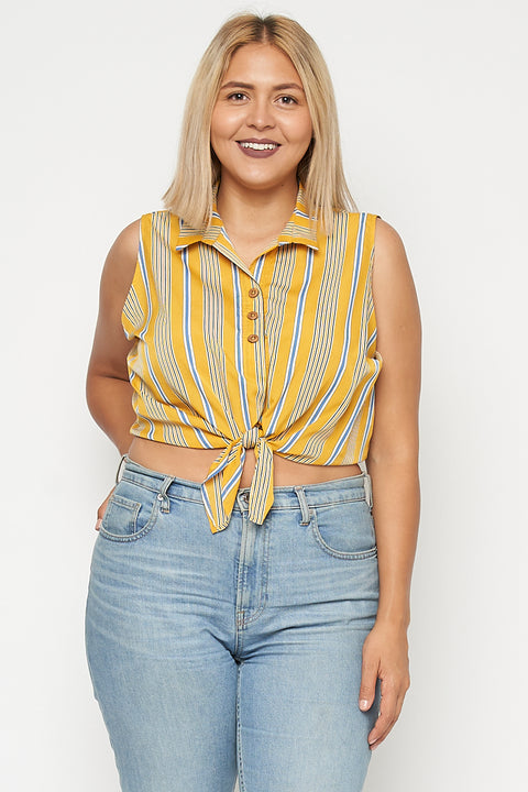 Plus Size Tie Front Spread Collar Sleeveless Crop Top With Elastic on Back Waist and 3 Front Buttons (FL19G291-P)