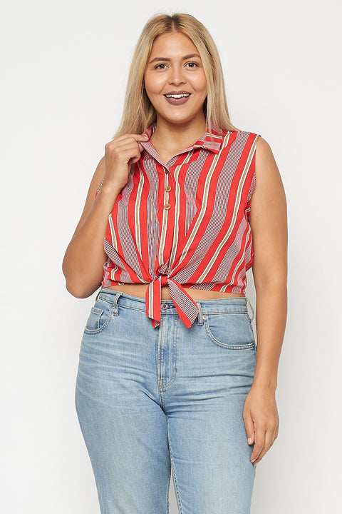 Plus Size Tie Front Spread Collar Sleeveless Crop Top With Elastic on Back Waist and 3 Front Buttons (FL19G291-P)