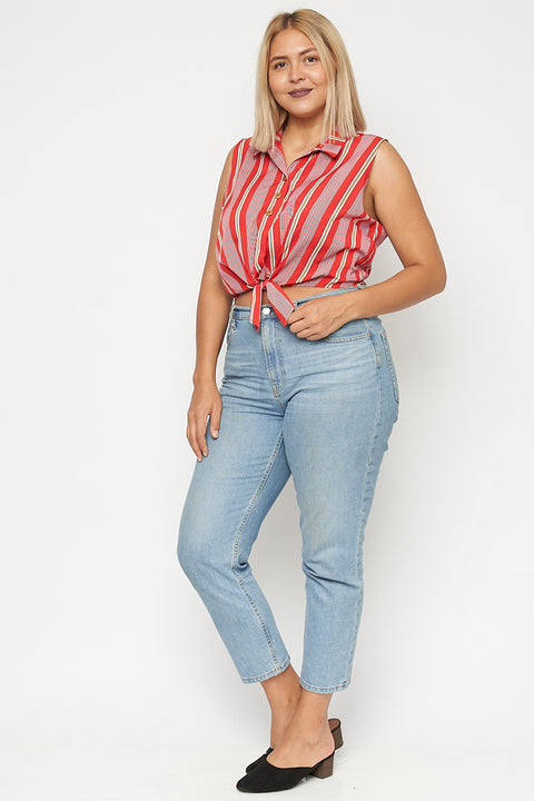 Plus Size Tie Front Spread Collar Sleeveless Crop Top With Elastic on Back Waist and 3 Front Buttons (FL19G291-P)