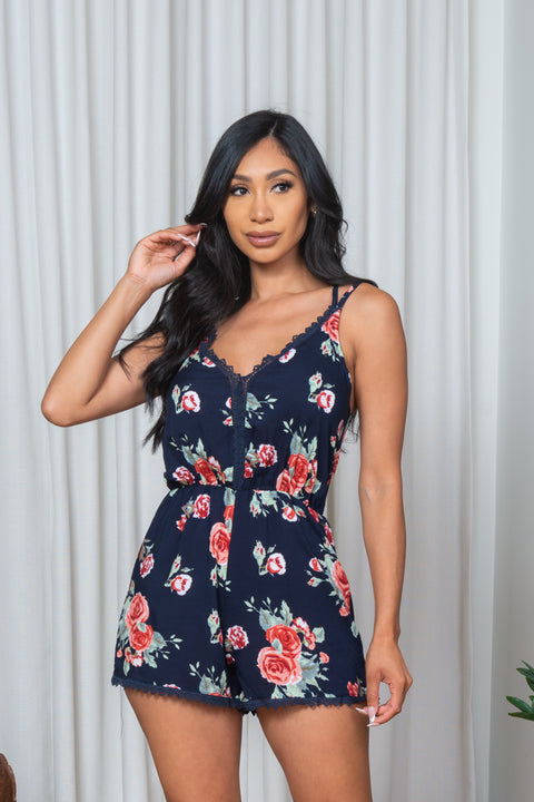 Lace Trimmed Floral Print V Neck Spaghetti Strap Micro Mini Shorts Romper in Navy (171721) - Wholesale Fashion Couture 