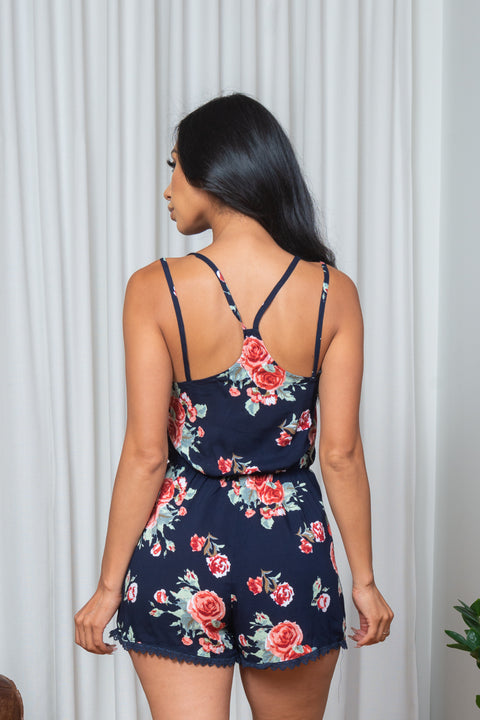 Lace Trimmed Floral Print V Neck Spaghetti Strap Micro Mini Shorts Romper in Navy (171721) - Wholesale Fashion Couture 
