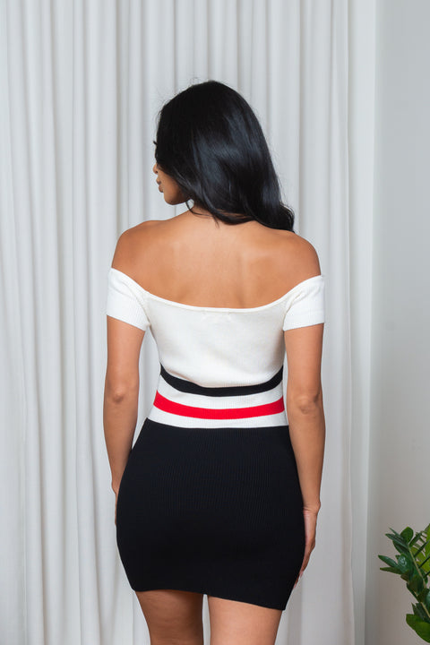 'Classic Sass' Rib Knit Off Shoulder Cap Sleeve Bodycon Mini Dress in White, Black & Red (187185) - Wholesale Fashion Couture 