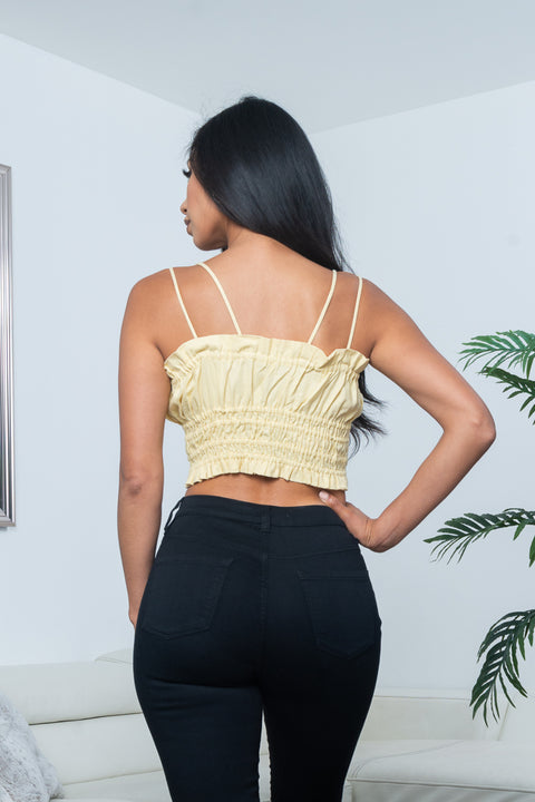 Dual Spaghetti Strap Lettuce Hem Smocked Crop Top with Faux Button Front Decor (10075TM) - Wholesale Fashion Couture 