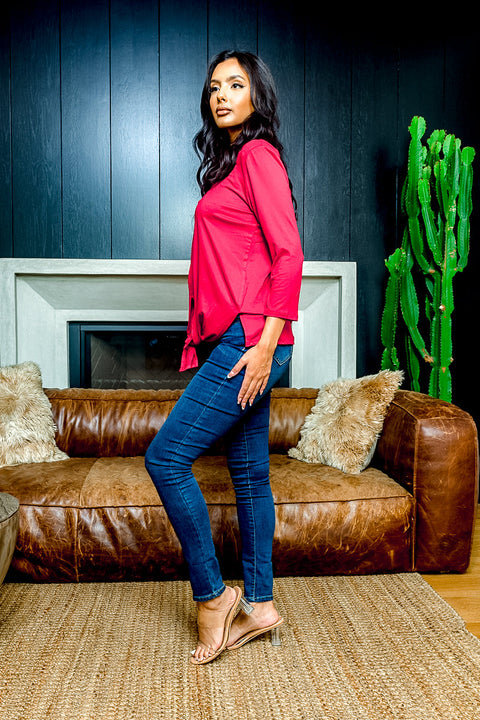 3/4 Sleeve Round Neck Top with Cut Out Detail and Vented Tie Front in Red (72370-CK236) - Wholesale Fashion Couture 
