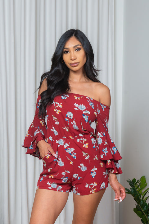 'Autumn Garden' Floral Print Off Shoulder Mini Shorts Romper with Long Tiered Bell Sleeves & Slant Pockets (171387) - Wholesale Fashion Couture 