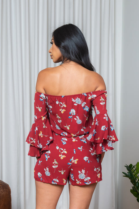 'Autumn Garden' Floral Print Off Shoulder Mini Shorts Romper with Long Tiered Bell Sleeves & Slant Pockets (171387) - Wholesale Fashion Couture 
