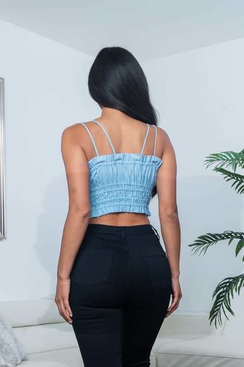 Dual Spaghetti Strap Lettuce Hem Smocked Crop Top with Faux Button Front Decor (10075TM) - Wholesale Fashion Couture 