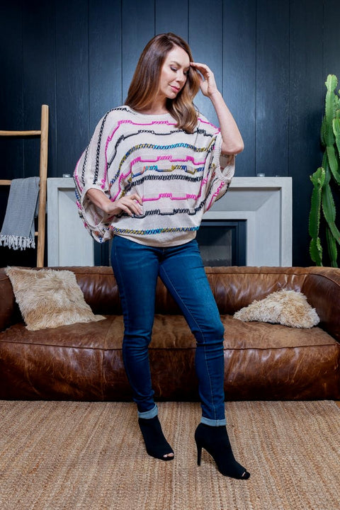 Multi Color Striped 3/4 Dolman Sleeve Crochet Knit Sweatshirt in Cream (ET12127) - Wholesale Fashion Couture 