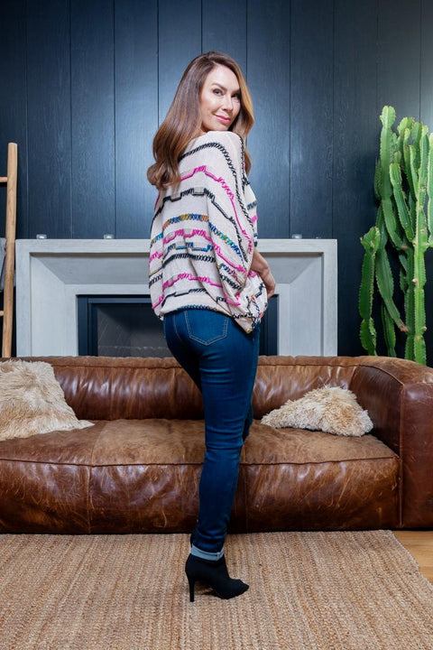 Multi Color Striped 3/4 Dolman Sleeve Crochet Knit Sweatshirt in Cream (ET12127) - Wholesale Fashion Couture 
