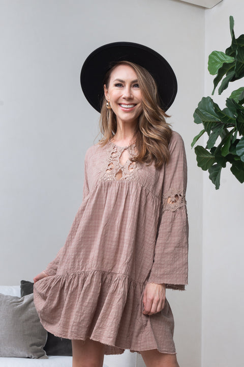 Long Sleeve Tiered Peasant Mini Dress with Embroidered Lace Trim in Mocha (16043) - Wholesale Fashion Couture 