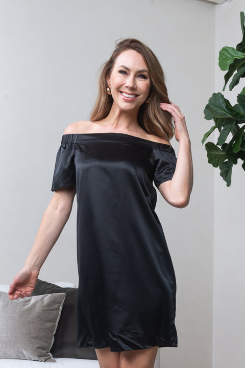 Silky Satin Off Shoulder Short Bell Sleeve Mini Dress (VID8545) - Wholesale Fashion Couture 