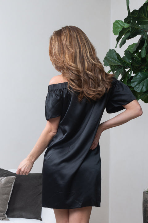 Silky Satin Off Shoulder Short Bell Sleeve Mini Dress (VID8545) - Wholesale Fashion Couture 