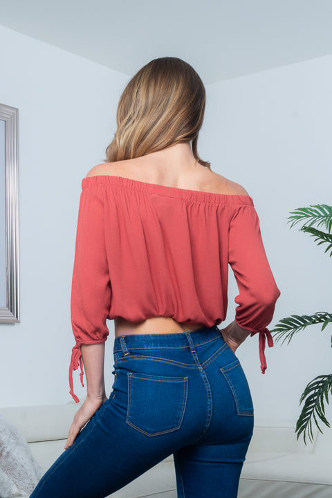 Plisse Crepe 3/4 Sleeve Off Shoulder Crop Top with Gathered Waist (PW20711) - Wholesale Fashion Couture 