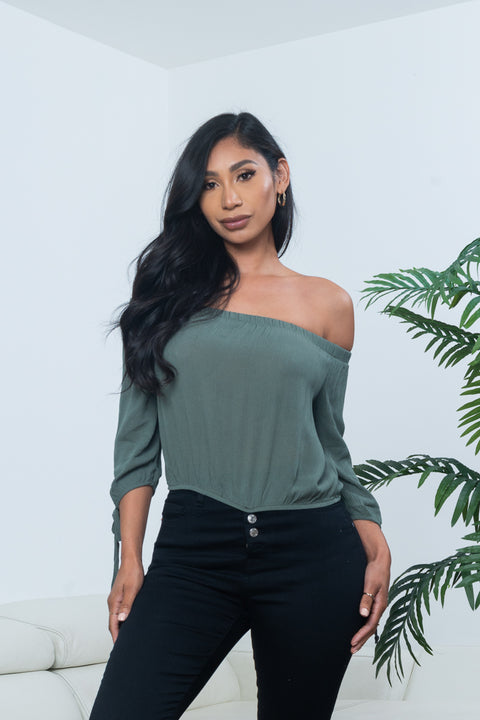 Plisse Crepe 3/4 Sleeve Off Shoulder Crop Top with Gathered Waist (PW20711) - Wholesale Fashion Couture 