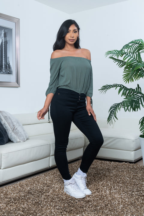 Plisse Crepe 3/4 Sleeve Off Shoulder Crop Top with Gathered Waist (PW20711) - Wholesale Fashion Couture 