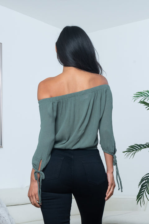 Plisse Crepe 3/4 Sleeve Off Shoulder Crop Top with Gathered Waist (PW20711) - Wholesale Fashion Couture 