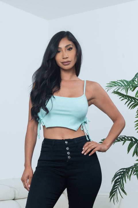 Scoop Neck Rib Knit Crop Top with Side Ties in Mint (BT04148) - Wholesale Fashion Couture 