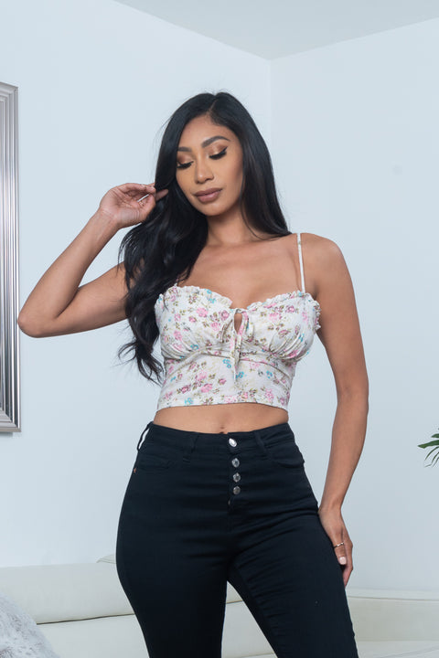 Soft Floral Print Spaghetti Strap Bow Tied Bustier Cup Crop Top with Lettuce Hem in Ivory (10127TM) - Wholesale Fashion Couture 