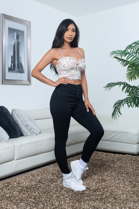 Soft Floral Print Spaghetti Strap Bow Tied Bustier Cup Crop Top with Lettuce Hem in Ivory (10127TM) - Wholesale Fashion Couture 