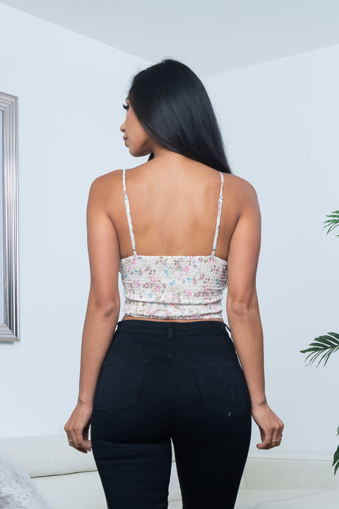Soft Floral Print Spaghetti Strap Bow Tied Bustier Cup Crop Top with Lettuce Hem in Ivory (10127TM) - Wholesale Fashion Couture 