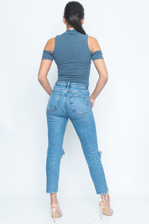 Sleeveless V-Neck Open Shoulder Bodysuit (EP237) - Wholesale Fashion Couture 
