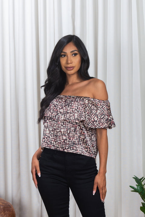 'Art Nouveau' Multi Color Satin Off Shoulder Crop Top with Ruffle Overlay (161417) - Wholesale Fashion Couture 