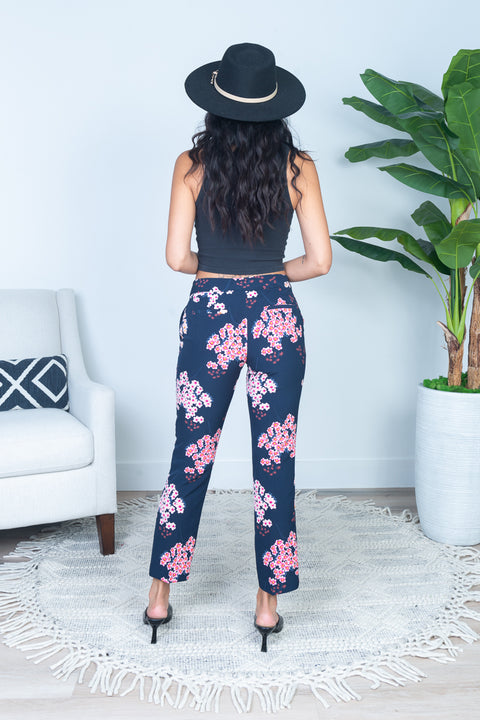 7/8 Slim Fit Trouser Pants in Navy Pink Floral Print (D2604-1819) - Wholesale Fashion Couture 