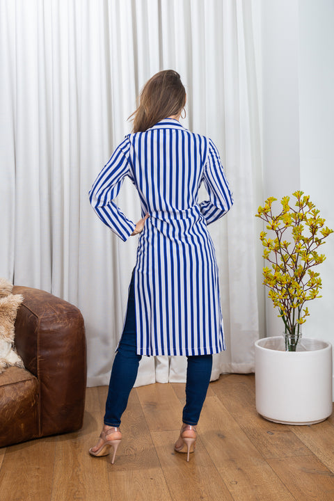 Striped Long Sleeve Open Front Classic Shirt Style Duster with Thigh High Slits, Spread Collar & Lapel (185149) - Wholesale Fashion Couture 