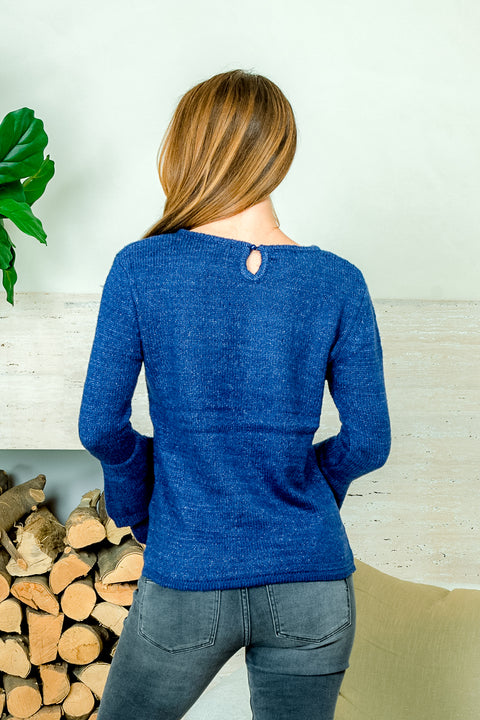 Long Sleeve Round Neck Sweater with Tiered Bell Long Sleeves in Navy (JFS18036) - Wholesale Fashion Couture 