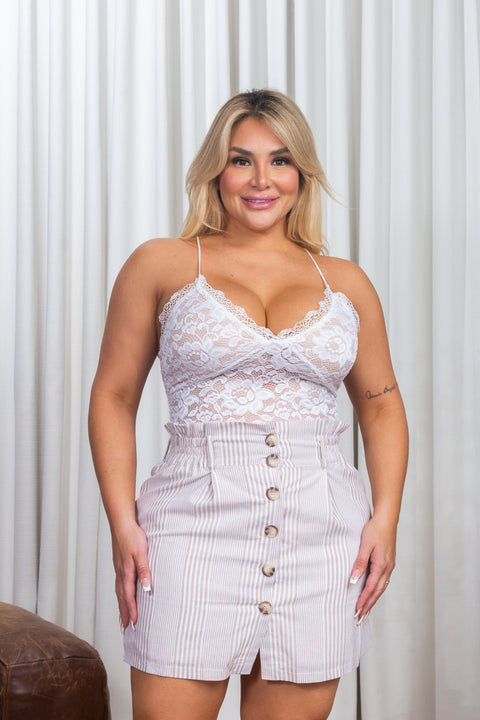 'Good Day' Plus Size Striped Button Down Front Skirt with Smocked Waist in Taupe & White (FL19G041-P) - Wholesale Fashion Couture 
