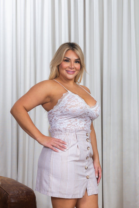 'Good Day' Plus Size Striped Button Down Front Skirt with Smocked Waist in Taupe & White (FL19G041-P) - Wholesale Fashion Couture 