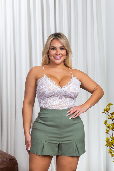Plus Size Mini Shorts with Box Pleat Hem in Sage (ZB11708) - Wholesale Fashion Couture 