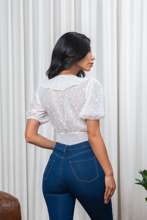 'Lovely Lady' Sheer Mesh French Dot Petal Collar V Neck Short Puff Sleeve Bodysuit with Snap Crotch (M305#) - Wholesale Fashion Couture 
