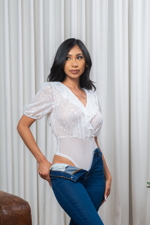 'Lovely Lady' Sheer Mesh French Dot Petal Collar V Neck Short Puff Sleeve Bodysuit with Snap Crotch (M305#) - Wholesale Fashion Couture 